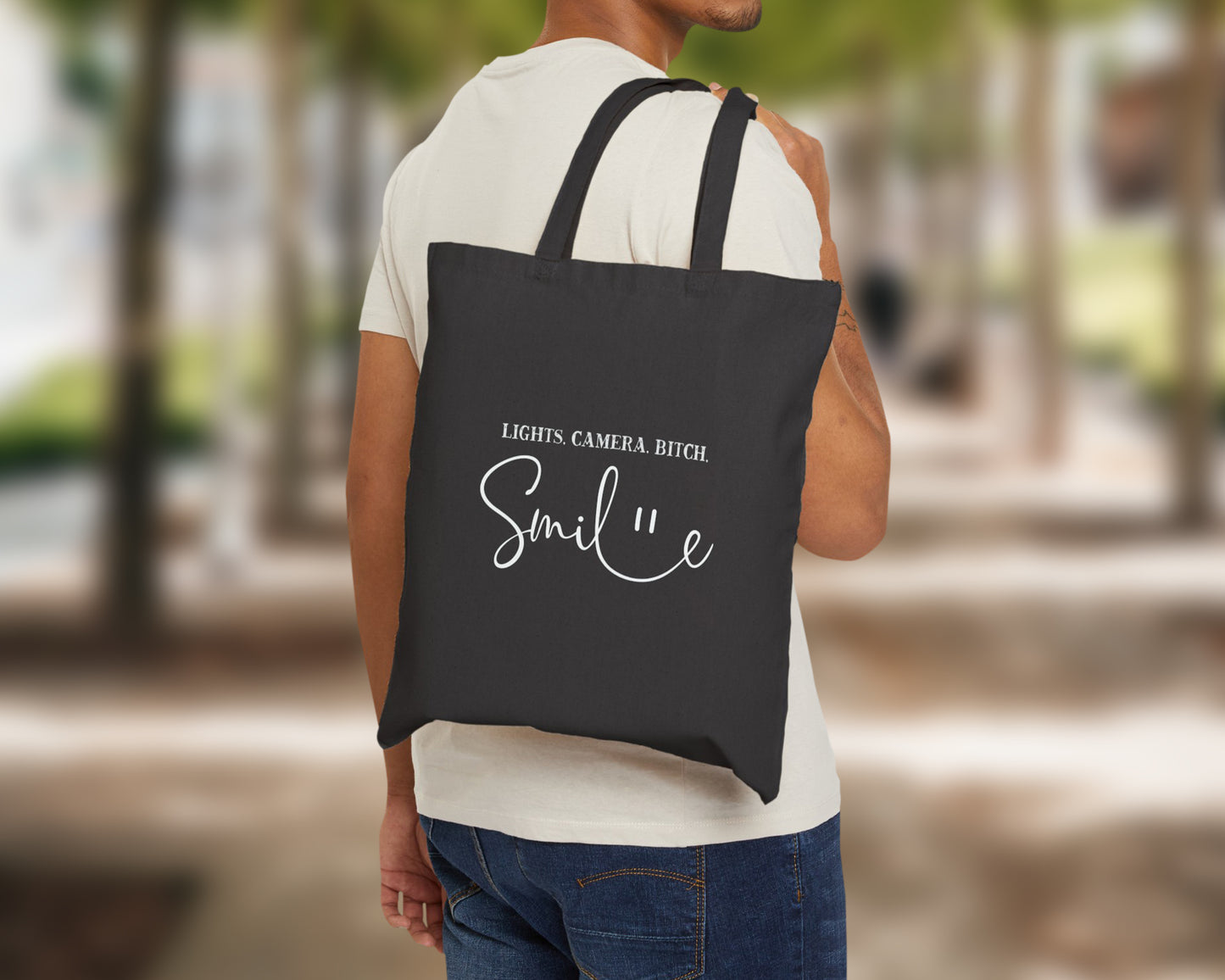 Lights, camera, bitch, smile cotton canvas tote bag