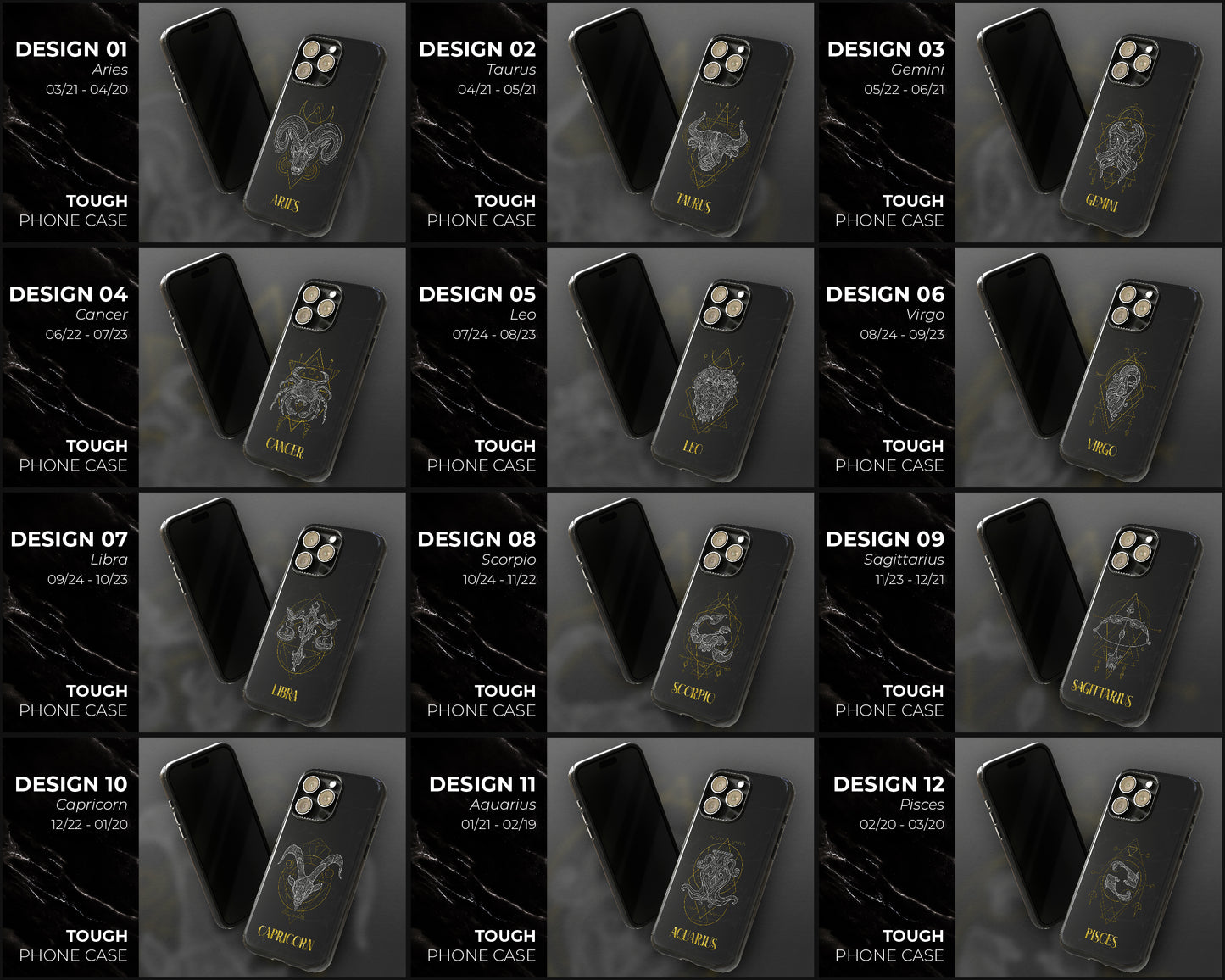 Zodiac sign golden line art black marbles iPhone case