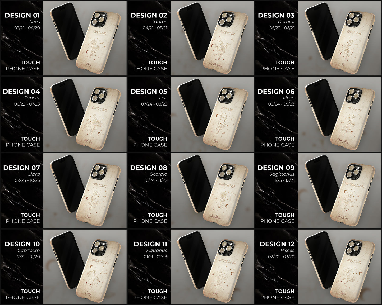 Zodiac sign birth month flowers in hand-drawn line art on vintage paper iPhone case