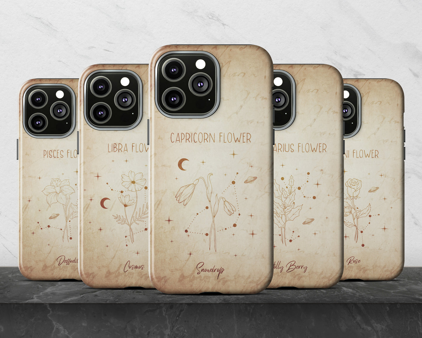 Cancer Zodiac sign birth month flower in hand-drawn line art on vintage paper iPhone case