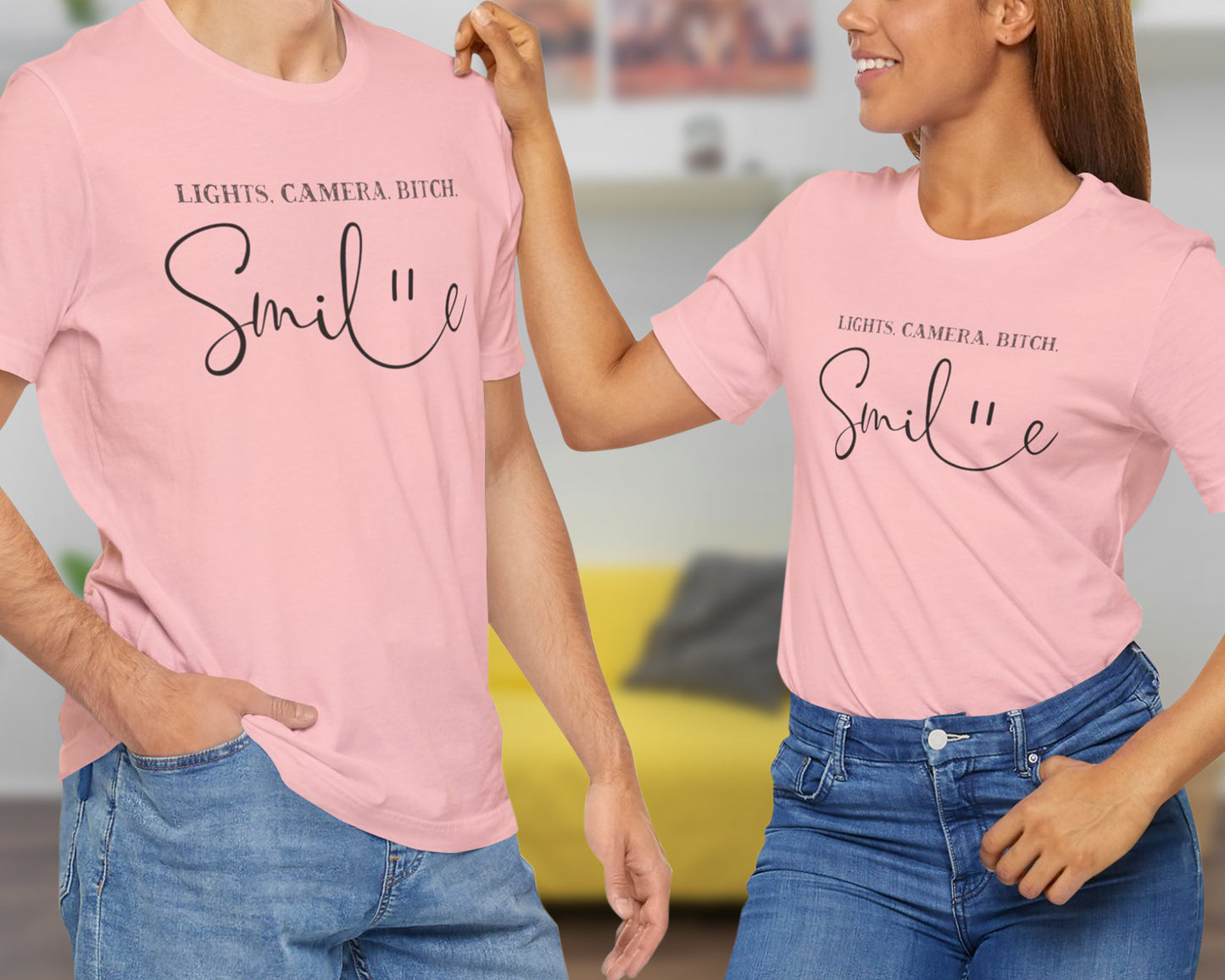Lights, camera, bitch, smile unisex jersey short sleeve t-shirt