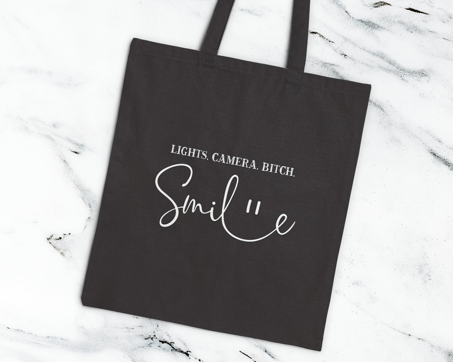 Lights, camera, bitch, smile cotton canvas tote bag