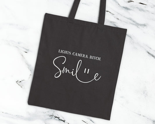 Lights, camera, bitch, smile cotton canvas tote bag