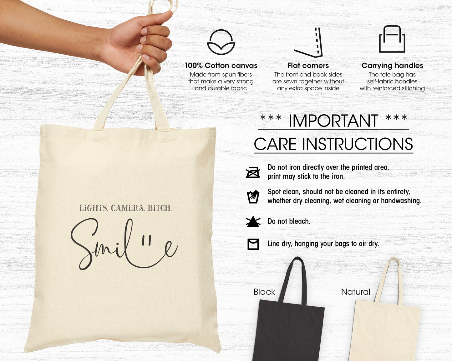 Lights, camera, bitch, smile cotton canvas tote bag