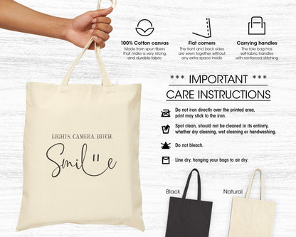 Lights, camera, bitch, smile cotton canvas tote bag