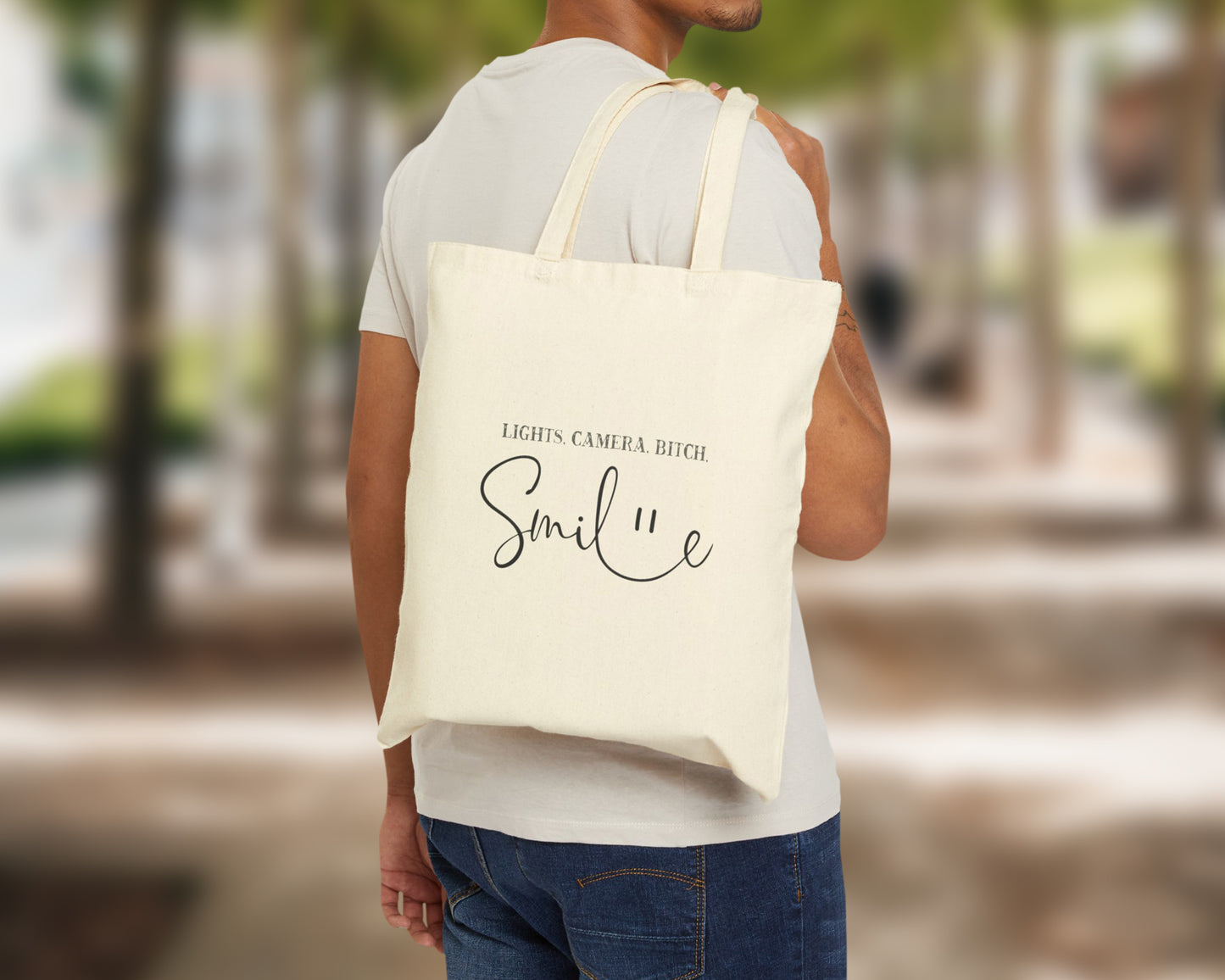 Lights, camera, bitch, smile cotton canvas tote bag