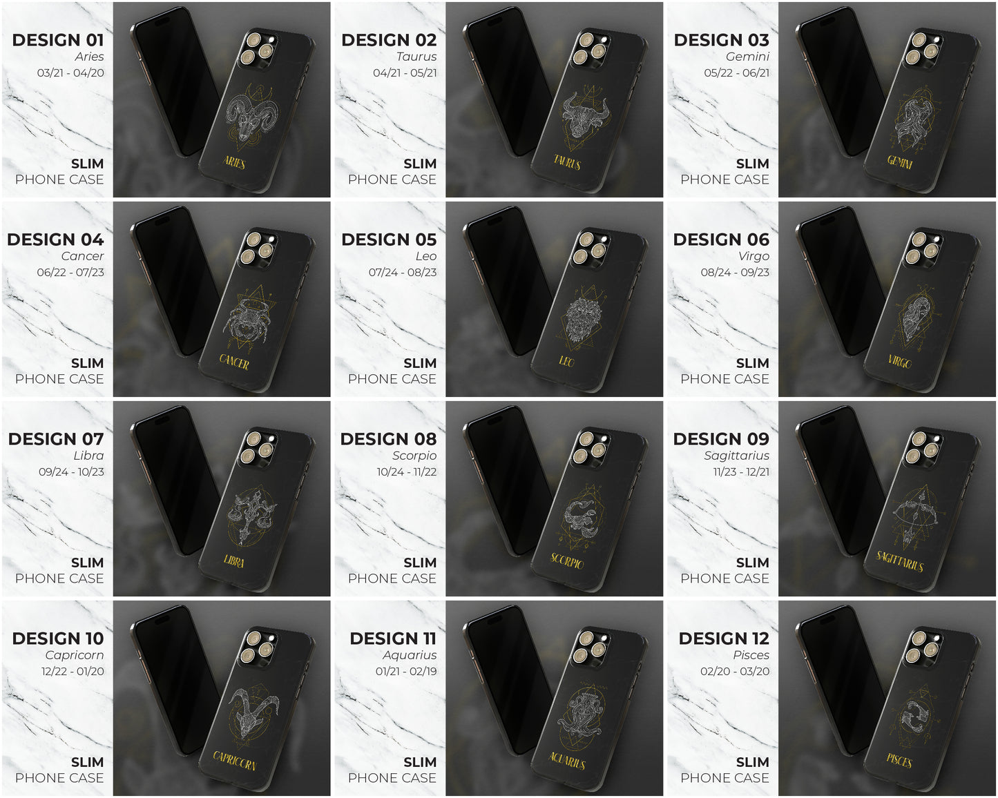 Zodiac sign golden line art black marbles iPhone case