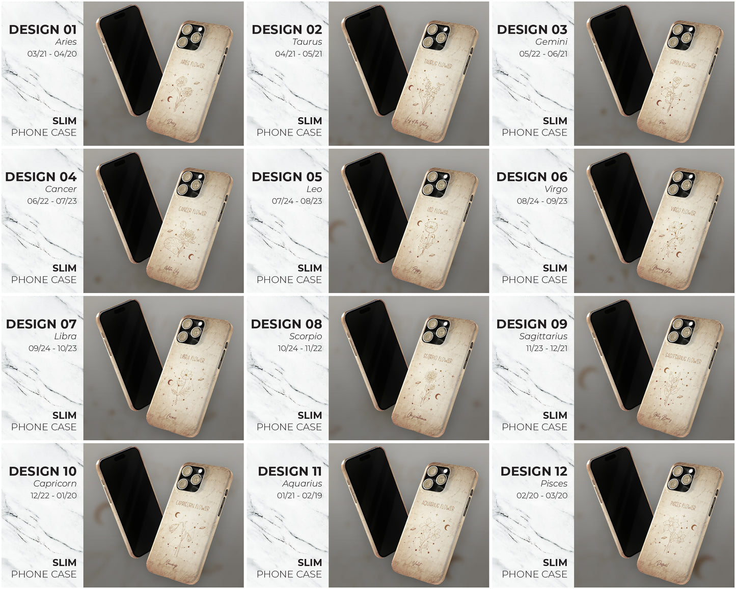 Zodiac sign birth month flowers in hand-drawn line art on vintage paper iPhone case