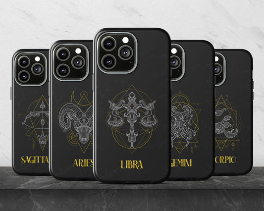 Zodiac sign golden line art black marbles iPhone case