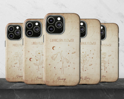 Aquarius Zodiac sign birth month flower in hand-drawn line art on vintage paper iPhone case