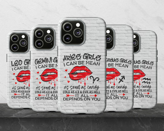 Zodiac sign Girls I can be mean black graffiti on white brick wall iPhone case