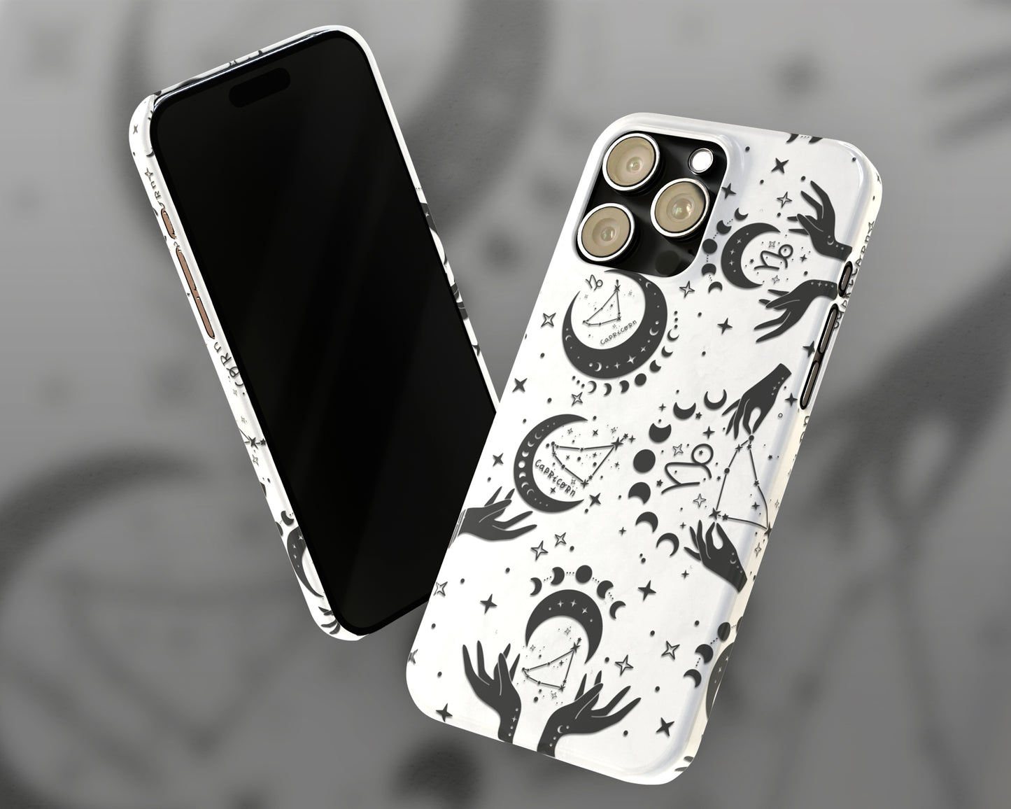 Capricorn Zodiac sign black celestial symbols on white background iPhone case