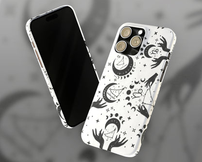 Capricorn Zodiac sign black celestial symbols on white background iPhone case