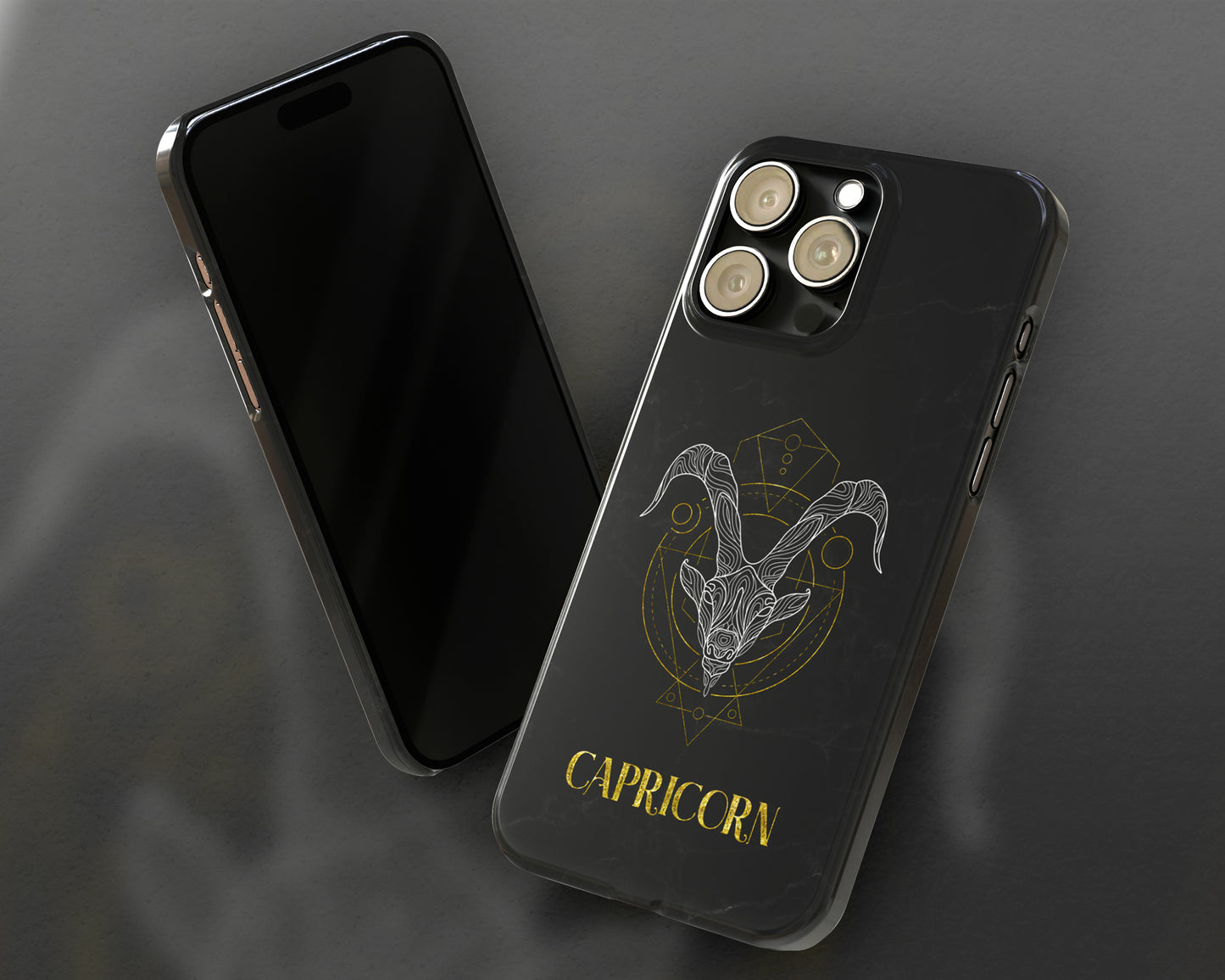 Capricorn Zodiac sign golden line art black marble iPhone case