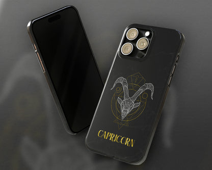 Capricorn Zodiac sign golden line art black marble iPhone case
