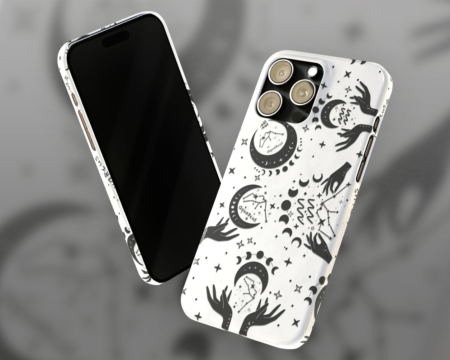 Aquarius Zodiac sign black celestial symbols on white background iPhone case