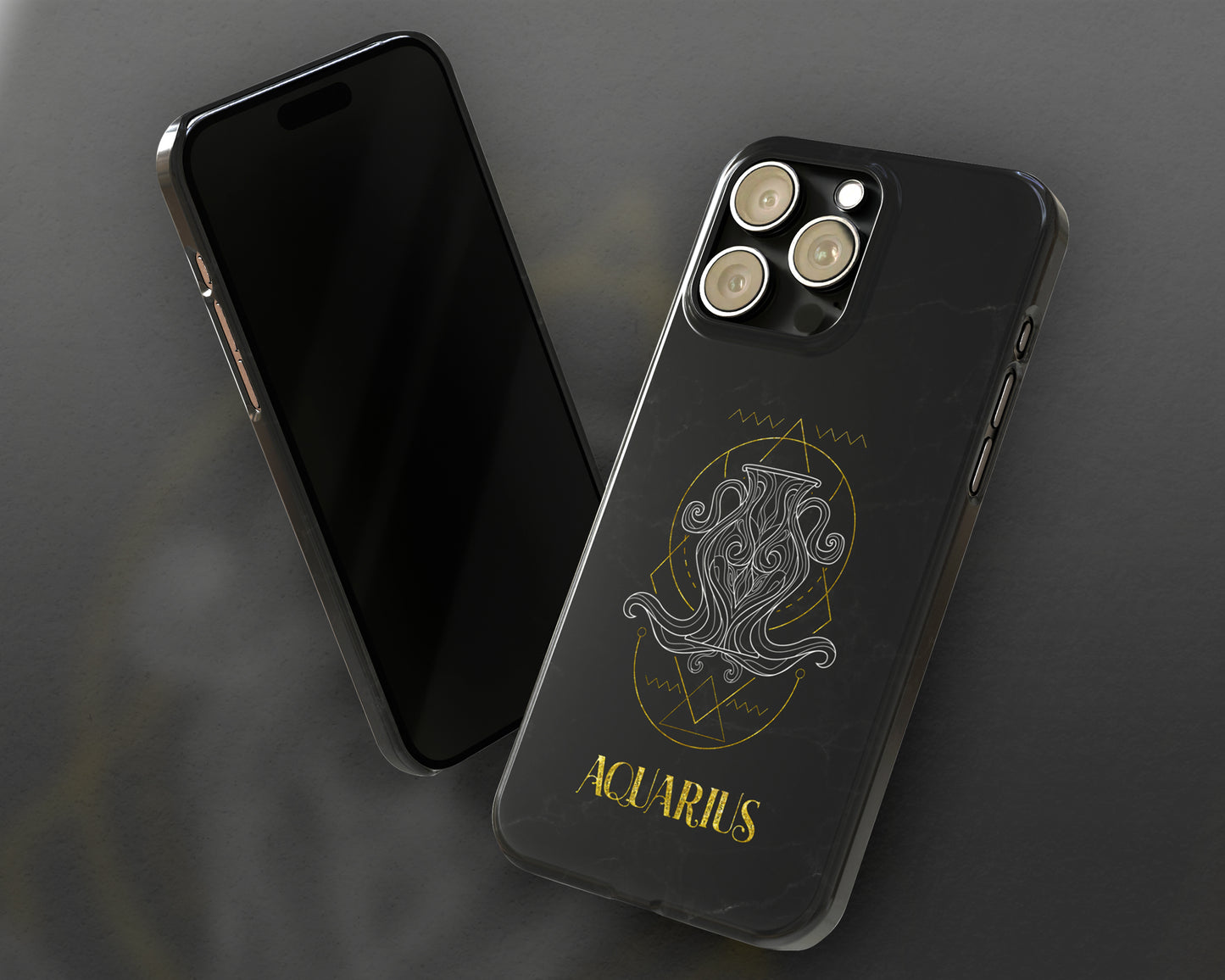 Aquarius Zodiac sign golden line art black marble iPhone case