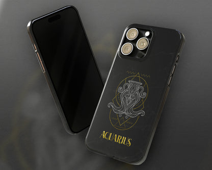 Aquarius Zodiac sign golden line art black marble iPhone case