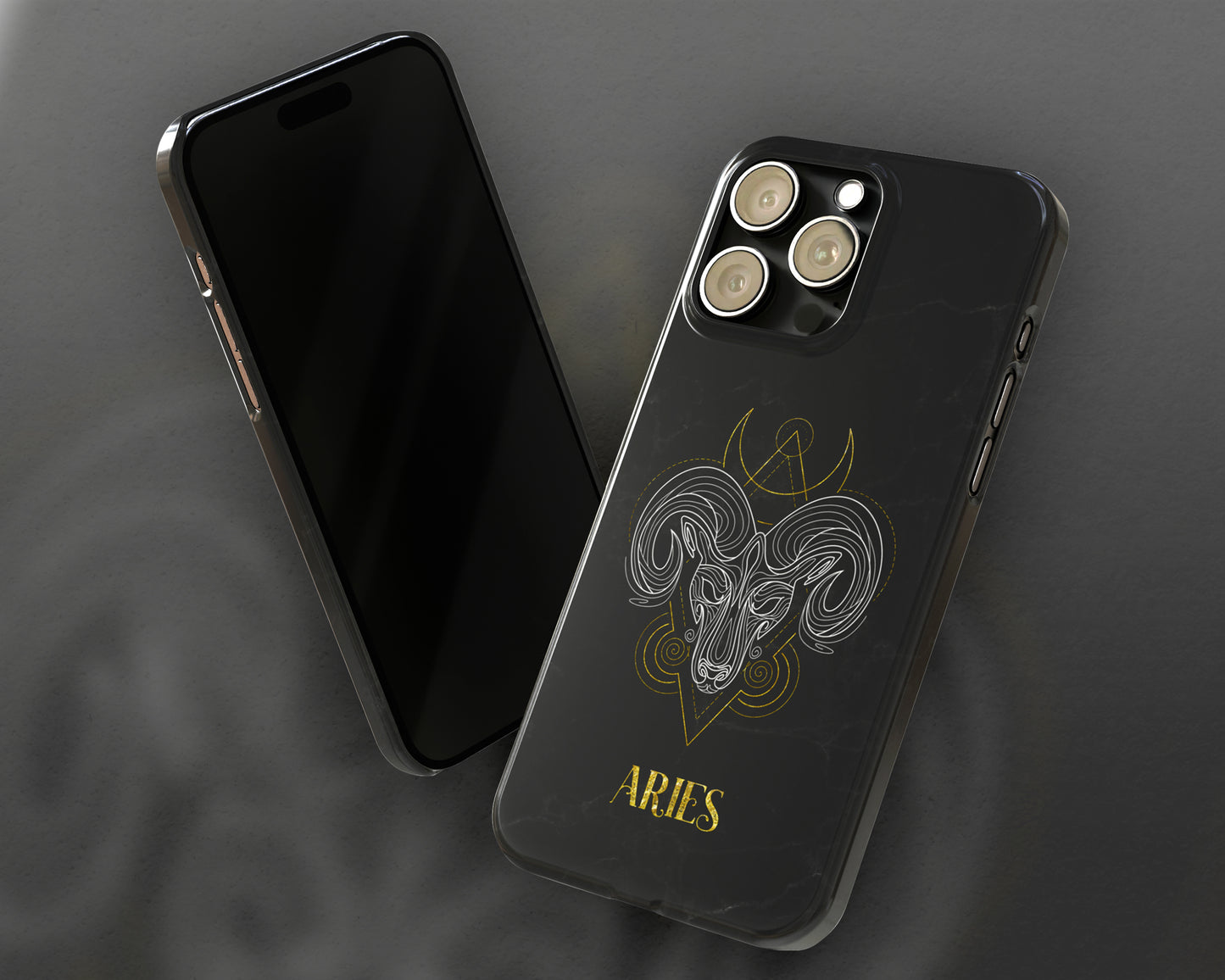 Aries Zodiac sign golden line art black marble iPhone case