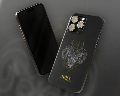 Aries Zodiac sign golden line art black marble iPhone case