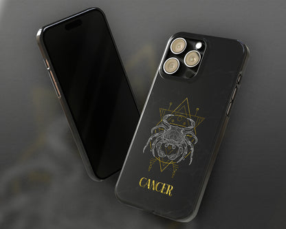 Cancer Zodiac sign golden line art black marble iPhone case