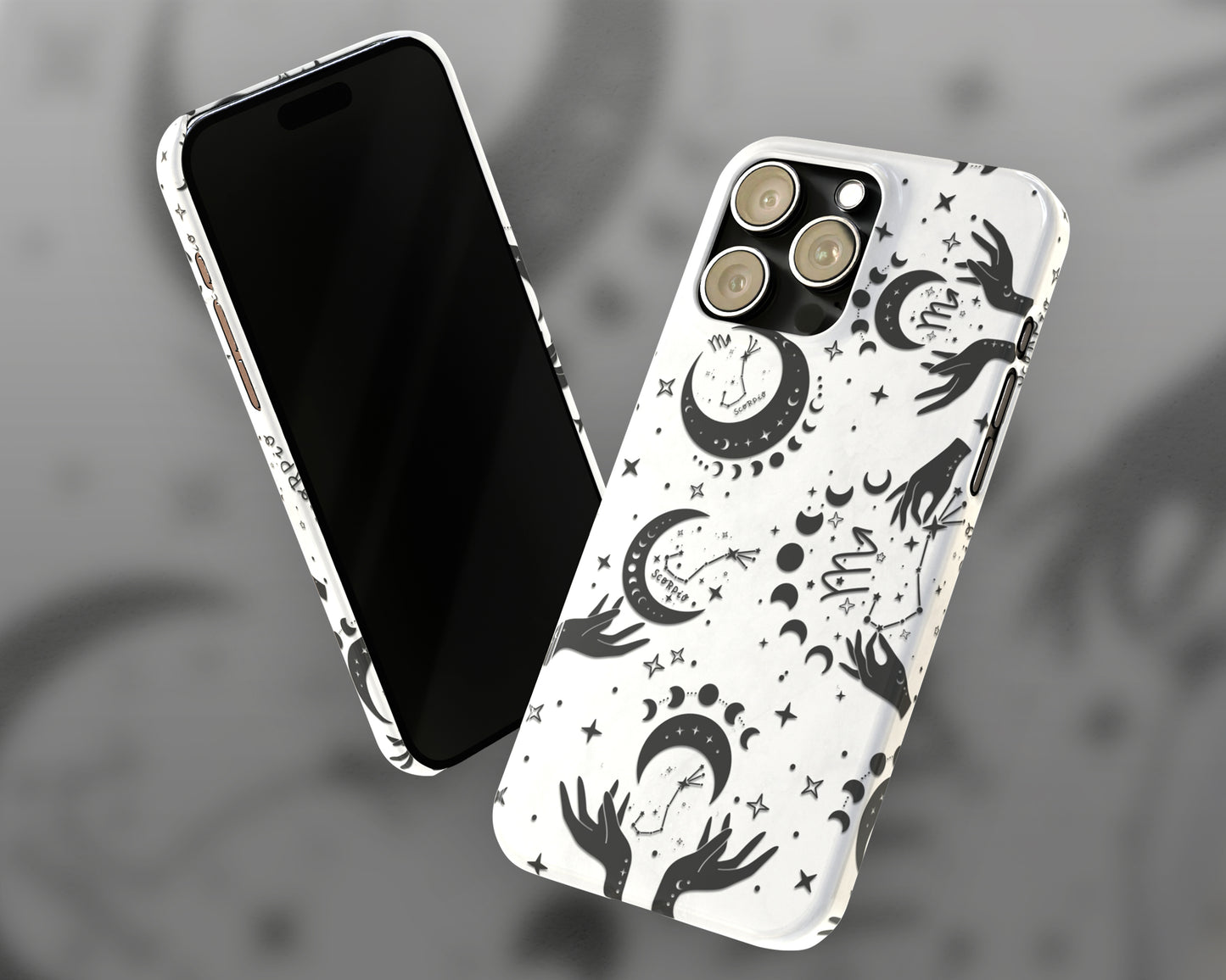 Scorpio Zodiac sign black celestial symbols on white background iPhone case