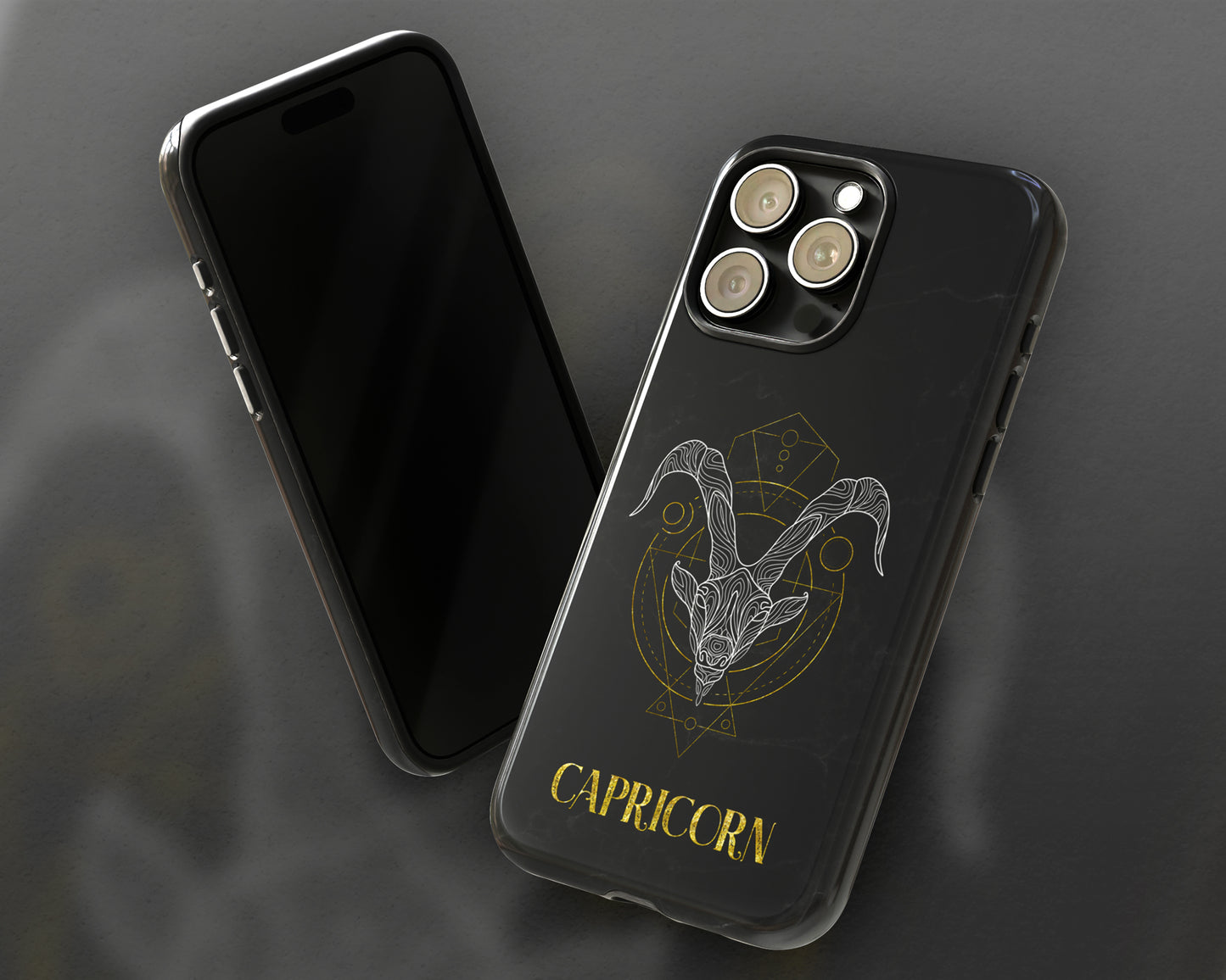 Capricorn Zodiac sign golden line art black marble iPhone case