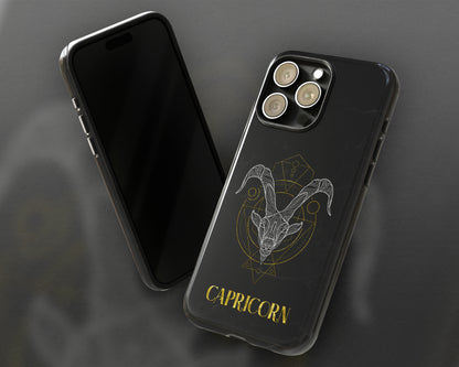 Capricorn Zodiac sign golden line art black marble iPhone case