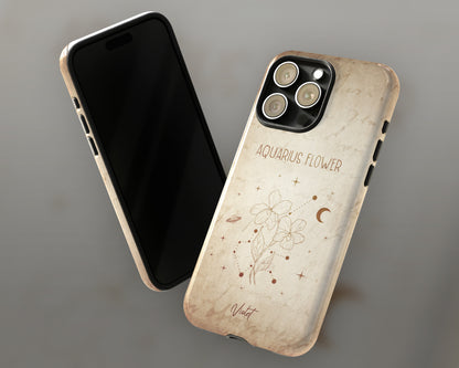 Aquarius Zodiac sign birth month flower in hand-drawn line art on vintage paper iPhone case