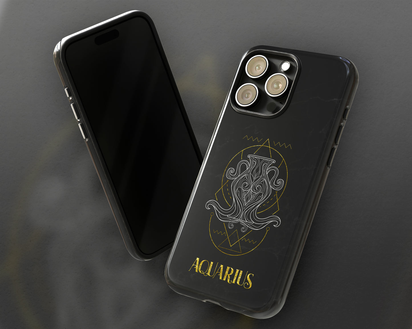 Aquarius Zodiac sign golden line art black marble iPhone case