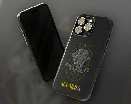Aquarius Zodiac sign golden line art black marble iPhone case