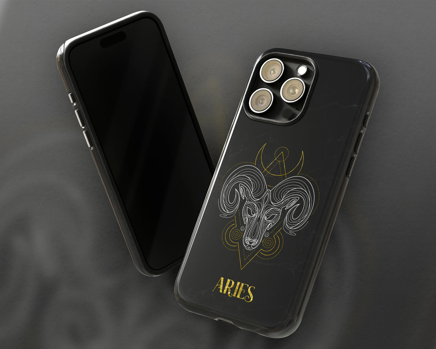 Aries Zodiac sign golden line art black marble iPhone case