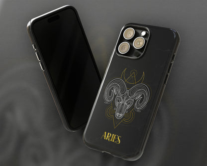 Aries Zodiac sign golden line art black marble iPhone case