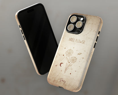 Aries Zodiac sign birth month flower in hand-drawn line art on vintage paper iPhone case