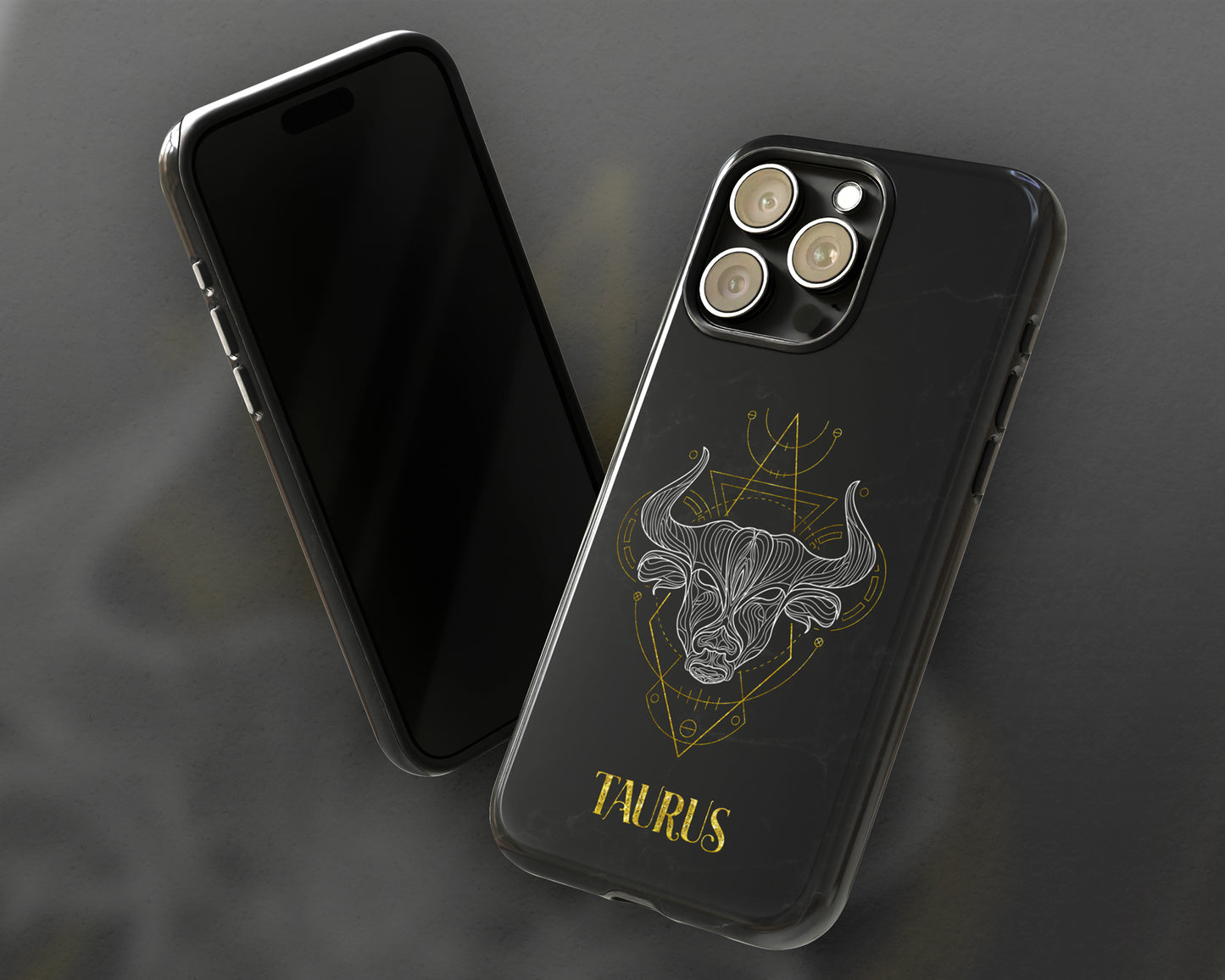 Taurus Zodiac sign golden line art black marble iPhone case