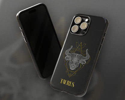 Taurus Zodiac sign golden line art black marble iPhone case