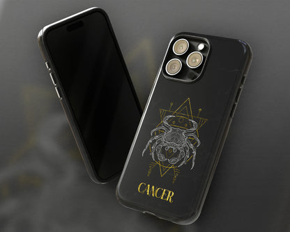 Cancer Zodiac sign golden line art black marble iPhone case