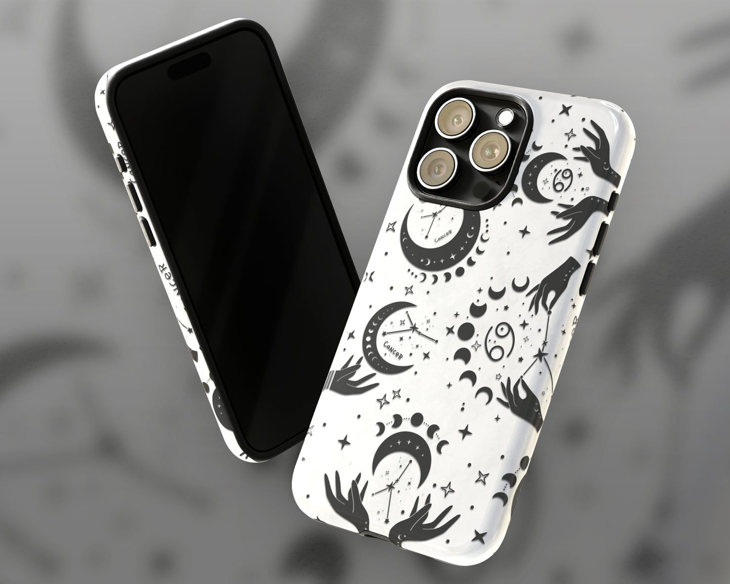 Cancer Zodiac sign black celestial symbols on white background iPhone case