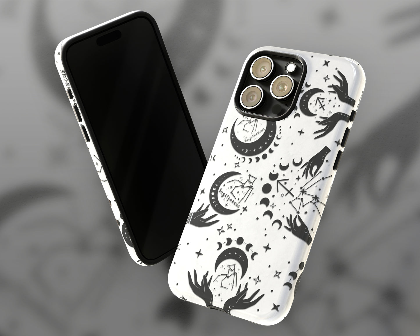 Sagittarius Zodiac sign black celestial symbols on white background iPhone case