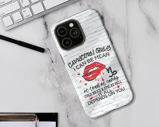 Capricorn Zodiac sign Girls I can be mean black graffiti on white brick wall iPhone case