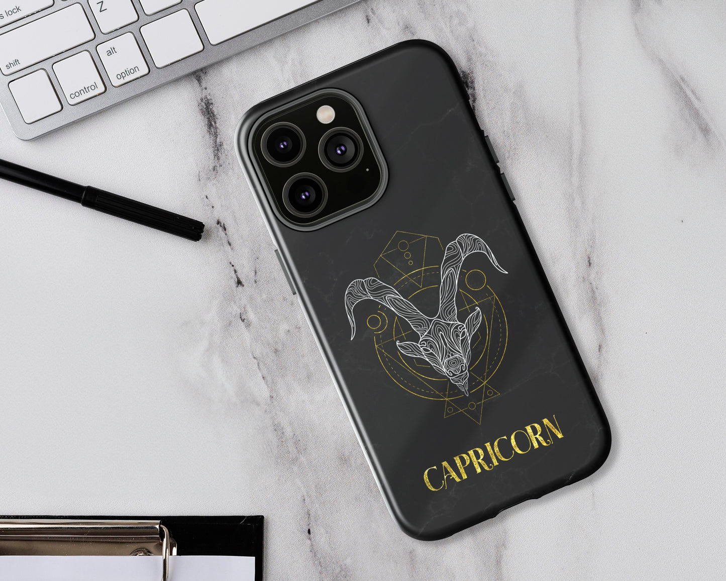 Capricorn Zodiac sign golden line art black marble iPhone case