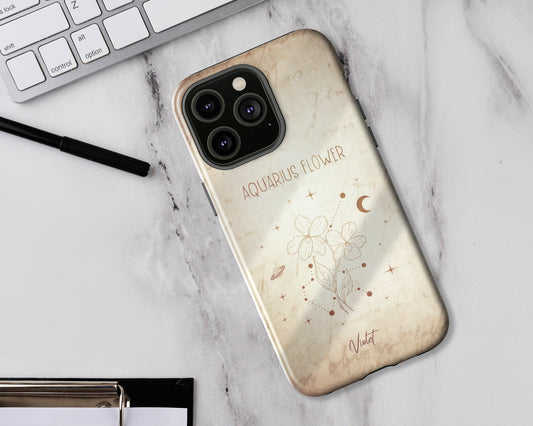 Aquarius Zodiac sign birth month flower in hand-drawn line art on vintage paper iPhone case