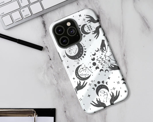 Aquarius Zodiac sign black celestial symbols on white background iPhone case