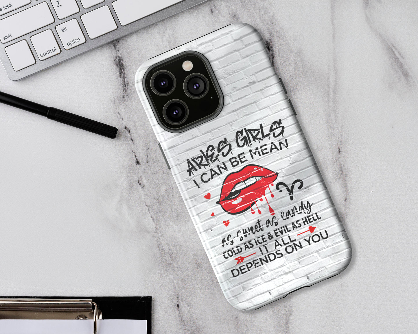 Aries Zodiac sign Girls I can be mean black graffiti on white brick wall iPhone case