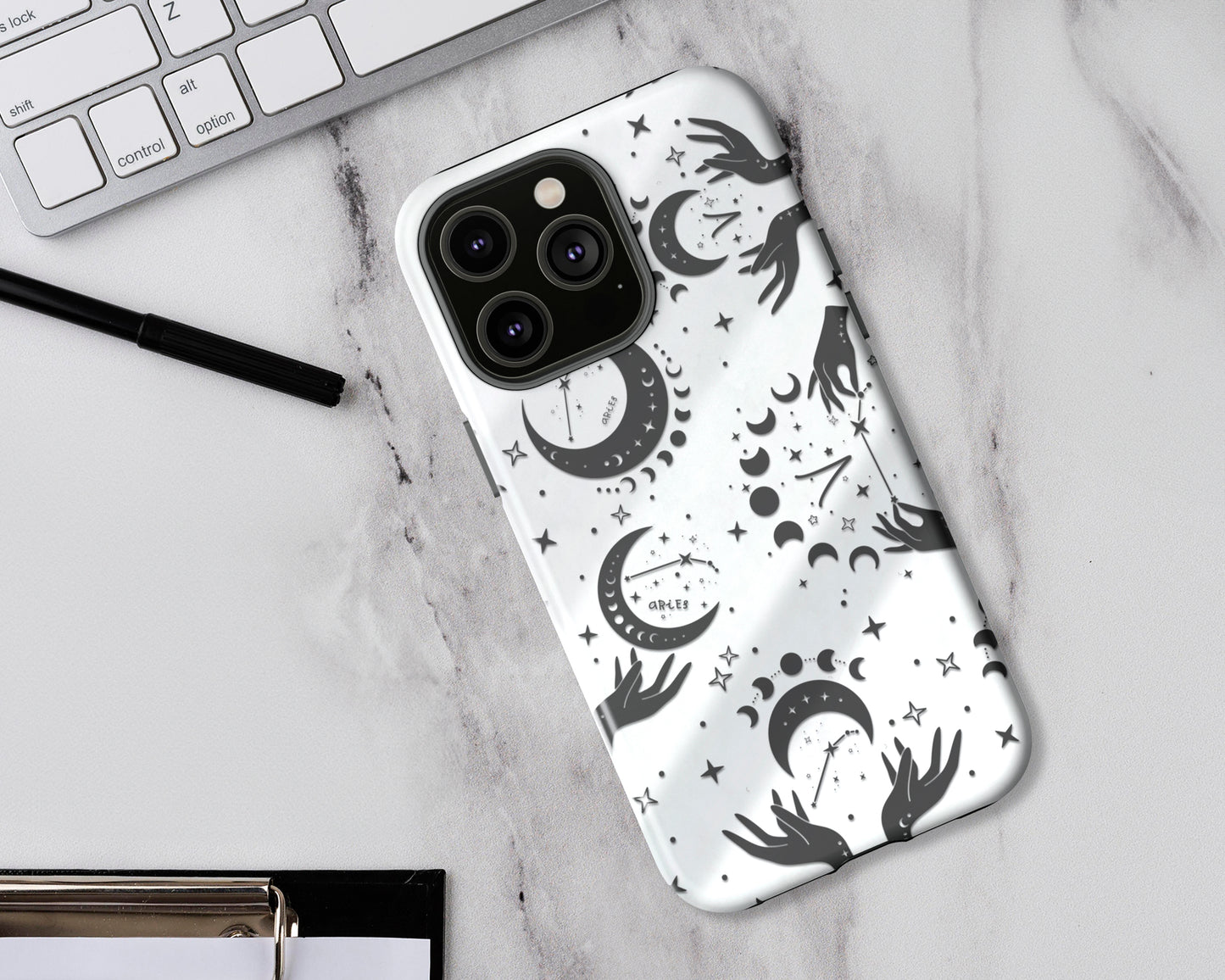 Aries Zodiac sign black celestial symbols on white background iPhone case