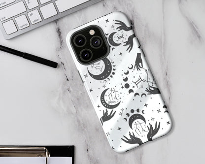 Gemini Zodiac sign black celestial symbols on white background iPhone case