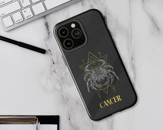 Cancer Zodiac sign golden line art black marble iPhone case