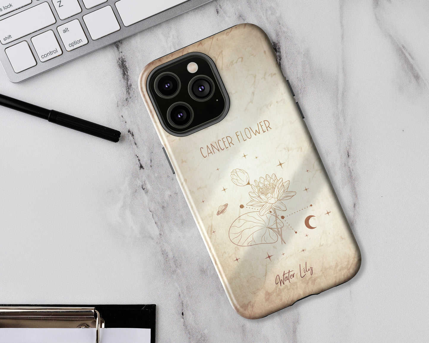 Cancer Zodiac sign birth month flower in hand-drawn line art on vintage paper iPhone case