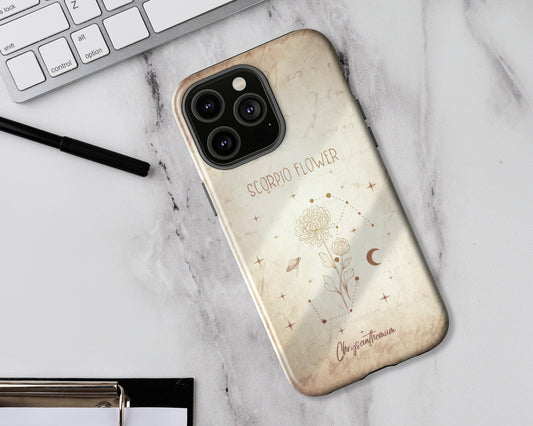 Scorpio Zodiac sign birth month flower in hand-drawn line art on vintage paper iPhone case