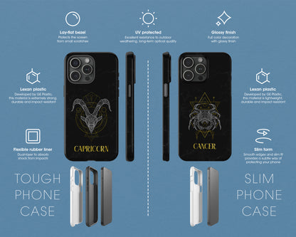 Zodiac sign golden line art black marbles iPhone case